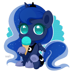 Size: 1024x1024 | Tagged: safe, artist:exceru-karina, imported from derpibooru, princess luna, pony, chibi, crown, cute, eating, ethereal mane, female, food, hnnng, hoof hold, ice cream, ice cream cone, jewelry, looking at you, lunabetes, regalia, simple background, solo, starry mane, transparent background