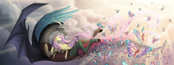 Size: 1600x596 | Tagged: safe, artist:yiuokami, imported from derpibooru, discord, fluttershy, butterfly, draconequus, pegasus, pony, cloud, colored hooves, crepuscular rays, discoshy, female, floating, flying, holding, looking away, looking up, male, mare, realistic anatomy, realistic horse legs, shipping, sky, spread wings, straight, sunlight, windswept mane