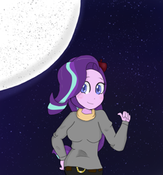 Size: 1611x1727 | Tagged: safe, artist:mildockart, imported from derpibooru, starlight glimmer, equestria girls, belt buckle, clothes, equestria girls-ified, female, full moon, looking at you, moon, night, pants, smiling, solo, stars, sweater