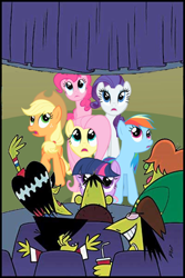 Size: 400x600 | Tagged: safe, edit, edited screencap, imported from derpibooru, screencap, applejack, fluttershy, pinkie pie, rainbow dash, rarity, twilight sparkle, the return of harmony, ace d. copular, arturo de la guerra, cinema, drink, grubber j. gribberish, mane six, sanford d. ingleberry, the gangreen gang, the powerpuff girls, william w. williams