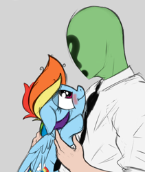 Size: 380x450 | Tagged: safe, artist:mostazathy, color edit, edit, edited edit, imported from derpibooru, rainbow dash, oc, oc:anon, human, pegasus, pony, bedroom eyes, blushing, colored, cropped, cute, dashabetes, female, floppy ears, holding a pony, hug, human male, lidded eyes, looking at each other, looking at someone, male, mare, simple background, smiling, wings