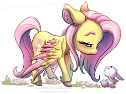 Size: 912x681 | Tagged: safe, artist:stepandy, imported from derpibooru, angel bunny, fluttershy, cute, duo, looking down, shyabetes, simple background, smiling, transparent background, unshorn fetlocks, watermark