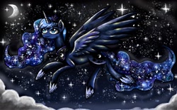 Size: 1280x793 | Tagged: safe, artist:ambersha, imported from derpibooru, princess luna, pony, crescent moon, female, flying, moon, night, night sky, sky, smiling, solo