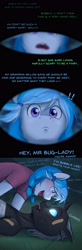 Size: 1500x4547 | Tagged: safe, artist:askbubblelee, imported from derpibooru, oc, oc only, oc:bubble lee, oc:imago, anthro, changeling, unicorn, absurd resolution, anthro oc, bandage, blue eyes, changeling oc, chirp, clothes, comic, curved horn, dialogue, freckles, looking at each other, looking at you, smiling, story in the source, story included, younger
