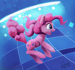 Size: 1270x1187 | Tagged: safe, artist:insanerobocat, imported from derpibooru, pinkie pie, pony, cute, female, floating, happy, looking at something, open mouth, pixels, smiling, solo, virtual reality