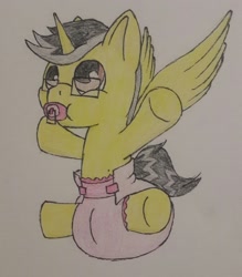 Size: 1123x1280 | Tagged: safe, artist:khavoc, imported from derpibooru, oc, oc only, alicorn, pony, alicorn oc, baby, baby pony, cute, diaper, foal, pacifier, poofy diaper, solo, traditional art