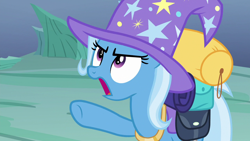 Size: 1280x720 | Tagged: safe, imported from derpibooru, screencap, trixie, pony, unicorn, to where and back again, angry, backpack, cute, diatrixes, female, frown, glare, looking up, mare, open mouth, pointing, solo, underhoof