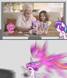 Size: 1000x1159 | Tagged: safe, artist:slamjam, edit, imported from derpibooru, princess cadance, princess flurry heart, human, bowser censor, commercial, exploitable meme, female, grandmother, grandmother and grandchild, irl, kid, meme, parody, photo, radiant blur, television, toy