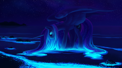 Size: 2560x1440 | Tagged: safe, artist:joellethenose, imported from derpibooru, princess luna, alicorn, pony, beautiful, color porn, female, glow, glowing, glowing mane, looking down, loose hair, mare, missing accessory, night, night sky, ocean, outdoors, signature, sky, smiling, solo, spread wings, standing, starry night, stars, water, wet mane