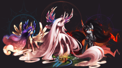 Size: 2000x1116 | Tagged: safe, artist:xennos, imported from derpibooru, oc, oc only, alicorn, pony, unicorn, trinity: rebirth, alicorn oc, curved horn, female, wallpaper