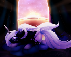 Size: 2000x1600 | Tagged: safe, artist:minelvi, imported from derpibooru, princess luna, alicorn, pony, alternate design, alternate universe, balcony, bedroom eyes, ethereal mane, eyelashes, female, makeup, pillow, prone, solo, starry mane, sunrise, tattoo