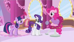 Size: 1024x576 | Tagged: safe, imported from derpibooru, screencap, pinkie pie, rarity, twilight sparkle, pony, it's about time, chair, checklist, comb, magic, quill, saddle bag, scissors, sitting