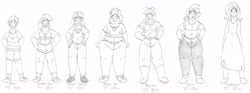 Size: 6138x2284 | Tagged: safe, artist:catstuxedo, imported from derpibooru, applejack, fluttershy, pinkie pie, rainbow dash, rarity, spike, twilight sparkle, human, absurd resolution, fat, horned humanization, humanized, line-up, mane seven, mane six, monochrome, pudgy pie, size chart, size comparison, winged humanization, wings