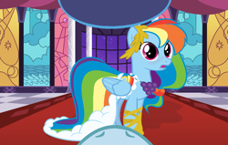 Size: 1052x670 | Tagged: safe, artist:sofialurax, imported from derpibooru, rainbow dash, soarin', pony, clothes, dress, first person view, gala dress, male, offscreen character, pov, rainbow dash always dresses in style, shipping, soarindash, straight