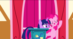 Size: 1360x730 | Tagged: safe, imported from derpibooru, screencap, pinkie pie, twilight sparkle, pony, applebuck season, eyes closed, pushing, smiling, town hall