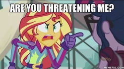 Size: 600x337 | Tagged: safe, edit, edited screencap, imported from derpibooru, screencap, sci-twi, sunset shimmer, twilight sparkle, equestria girls, friendship games, angry, beavis and butthead, caption, exploitable meme, image macro, meme, memeful.com, sunset yells at twilight