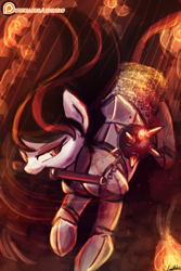 Size: 750x1125 | Tagged: safe, artist:lumineko, imported from derpibooru, oc, oc only, oc:electra sparks, earth pony, pony, armor, blood, eyeshadow, female, flail, lidded eyes, makeup, mare, mouth hold, patreon, patreon logo, serious, serious face, solo, weapon