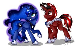 Size: 1900x1250 | Tagged: safe, artist:jack-pie, imported from derpibooru, princess luna, oc, oc:fowac, alicorn, pony, alicorn oc, armor, commission, crown, duo, jewelry, looking at something, male, raised hoof, regalia, royal guard, smiling, stallion