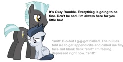 Size: 1484x748 | Tagged: safe, imported from derpibooru, rumble, thunderlane, pegasus, pony, brotherly love, brothers, colt, comforting, crying, dialogue, floppy ears, male, sad, sibling, sibling love, siblings, simple background, sniffing, stallion, wavy mouth