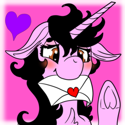 Size: 1024x1024 | Tagged: safe, artist:brainiac, imported from derpibooru, oc, oc only, oc:stephanie, pony, blushies, blushing, bust, cute, female, flat color, flat colors, floppy ears, heart, letter, mare, portrait, simple background, solo