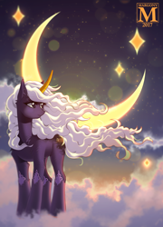 Size: 718x1000 | Tagged: safe, artist:margony, imported from derpibooru, oc, oc only, pony, unicorn, cloud, crescent moon, curved horn, female, loose hair, mare, moon, solo, stars, transparent moon