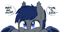 Size: 1234x648 | Tagged: safe, artist:higgly-chan, imported from derpibooru, oc, oc only, oc:shift, bat pony, pony, c:, cute, dialogue, ear tufts, eeee, excited, featured image, female, happy, looking up, mascot, mods are asleep, ocbetes, peeking, simple background, slit eyes, slit pupils, smiling, solo, soon, speech bubble, spread wings, text, weapons-grade cute, white background