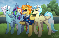 Size: 2400x1549 | Tagged: safe, artist:kikirdcz, imported from derpibooru, fleetfoot, misty fly, rainbow dash, spitfire, pegasus, pony, clipboard, clothes, drill sergeant, grass field, raised hoof, signature, street, sunglasses, uniform, whistle, whistle necklace, wonderbolts dress uniform