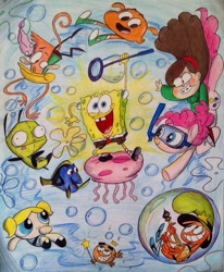 Size: 712x864 | Tagged: safe, artist:exkhale, imported from derpibooru, pinkie pie, anthro, earth pony, fish, human, jellyfish, pony, blue tang, bubbles (powerpuff girls), camp lazlo, colored pencil drawing, cosmo, crossover, crossover nexus, darwin watterson, dory, finding nemo, gir, gravity falls, invader zim, lazlo, mabel pines, mare, spongebob squarepants, spongebob squarepants (character), the amazing world of gumball, the fairly oddparents, the powerpuff girls, traditional art, underwater, wander (wander over yonder), wander over yonder