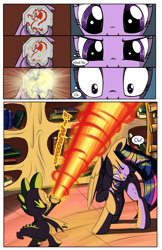 Size: 1750x2700 | Tagged: safe, artist:sirzi, artist:true line translators, imported from derpibooru, spike, twilight sparkle, alicorn, dragon, pony, comic:talisman for a pony, book, bookshelf, comic, crossover, fire, golden oaks library, jackie chan adventures, talisman, this will end in tears and/or death, translation, twilight sparkle (alicorn), xk-class end-of-the-world scenario