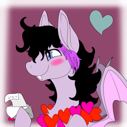 Size: 1024x1024 | Tagged: safe, artist:brainiac, imported from derpibooru, sweetie belle, oc, oc only, bat pony, pony, blushies, blushing, cute, envelope, heart, letter, love letter, male, solo, stallion, stop putting this as suggestive it's not suggestive, valentines day card