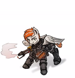 Size: 1984x2048 | Tagged: safe, artist:exlinard, imported from derpibooru, oc, oc only, oc:manifest destiny, pegasus, pony, fallout equestria, action pose, armor, braid, braided tail, crossover, enclave, enclave armor, female, flamethrower, grand pegasus enclave, green eyes, gun, hellfire armor, multicolored hair, piercing, power armor, powered exoskeleton, rifle, simple background, smirk, smoke, solo, spread wings, standing, weapon, white background, wings