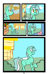 Size: 6742x10342 | Tagged: safe, artist:provolonepone, imported from derpibooru, derpy hooves, lyra heartstrings, roseluck, pony, unicorn, comic:lyra's verse, absurd resolution, bits, chocolate, comic, flower, food, happy, magic, market, my little pony, ponyville, smiling