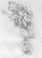 Size: 1024x1441 | Tagged: safe, artist:starkrush, imported from derpibooru, oc, oc only, bat pony, chimera, cyborg, dragon, pony, fallout equestria, aggressive, alternate universe, bat pony oc, claws, cyber eyes, cyber legs, fallout equestria oc, female, old art, pencil drawing, solo, thumbs