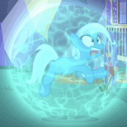Size: 520x520 | Tagged: safe, edit, edited screencap, imported from derpibooru, screencap, trixie, pony, unicorn, to where and back again, animated, bubble, extreme speed animation, female, flailing, floating, force field, frown, gif, hoofy-kicks, loop, magic, mare, open mouth, scared, screaming, seizure warning, shield, solo, speed up, wide eyes
