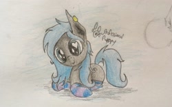Size: 4032x2495 | Tagged: safe, artist:professionalpuppy, imported from derpibooru, oc, oc only, pony, absurd resolution, clothes, cute, heart eyes, lying down, simple background, socks, solo, striped socks, traditional art, wingding eyes