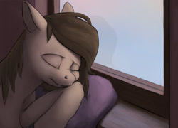 Size: 1280x921 | Tagged: safe, artist:difetra, imported from derpibooru, oc, oc only, oc:tera bit, pony, pillow, reflection, sleeping, solo, window