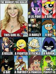 Size: 540x720 | Tagged: safe, imported from derpibooru, screencap, twilight sparkle, alicorn, human, pony, batgirl, ben 10, ben tennyson, bubbles (powerpuff girls), caption, clothes, dil pickles, drawn together, final fantasy, final fantasy x, harley quinn, juliet starling, lollipop chainsaw, meme, omi, princess clara, raven (dc comics), raven (teen titans), rikku, tara strong, teen titans go, text, the powerpuff girls, timmy turner, twilight sparkle (alicorn), voice actor
