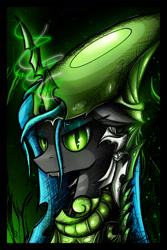 Size: 1600x2400 | Tagged: safe, artist:flamevulture17, imported from derpibooru, queen chrysalis, changeling, changeling queen, armor, bust, female, glowing horn, solo