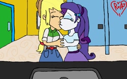 Size: 1131x707 | Tagged: safe, artist:ktd1993, imported from derpibooru, applejack, rarity, human, equestria girls, bathroom, eyes closed, female, kiss on the lips, kissing, lesbian, rarijack, shipping, total drama