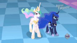Size: 480x270 | Tagged: safe, edit, edited screencap, imported from derpibooru, screencap, princess celestia, princess luna, princess twilight sparkle (episode), season 4, animated, extreme speed animation, female, flapping, frown, gif, looking back, loop, no tail, raised hoof, raised leg, reversed, saddle bag, spread wings, wide eyes