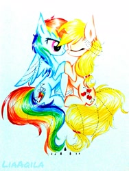Size: 1536x2048 | Tagged: safe, artist:liaaqila, imported from derpibooru, applejack, rainbow dash, appledash, female, lesbian, looking at each other, shipping, simple background, traditional art, white background