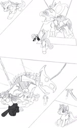Size: 1396x2317 | Tagged: safe, artist:dsb71013, imported from derpibooru, oc, oc only, oc:light fantastic, oc:snowy skies, pony, unicorn, catsuit, comic, goggles, monochrome
