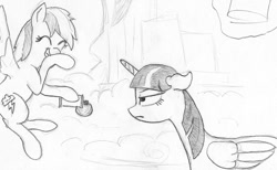 Size: 1081x665 | Tagged: safe, artist:t72b, derpibooru exclusive, imported from derpibooru, rainbow dash, twilight sparkle, alicorn, pegasus, pony, top bolt, airhorn, cloud, eyes closed, female, floppy ears, grayscale, lidded eyes, mare, monochrome, traditional art, twilight sparkle (alicorn)