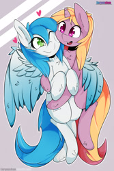 Size: 1280x1920 | Tagged: safe, artist:enryuuchan, imported from derpibooru, oc, oc only, oc:bright heart, oc:tied hooves, pegasus, pony, unicorn, bipedal, duo, heart, looking at each other