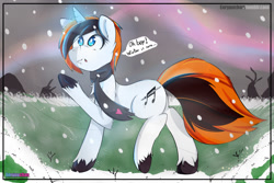 Size: 1280x853 | Tagged: safe, artist:enryuuchan, imported from derpibooru, oc, oc only, pony, unicorn, clothes, looking up, raised hoof, scarf, snow, snowfall, solo, winter