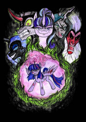 Size: 752x1063 | Tagged: safe, artist:little-winged-angel, imported from derpibooru, king sombra, lord tirek, nightmare moon, queen chrysalis, starlight glimmer, twilight sparkle, alicorn, changeling, pony, unicorn, antagonist, green fire, traditional art, twilight sparkle (alicorn), watercolor painting