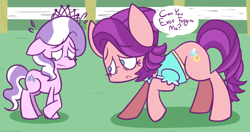 Size: 1024x539 | Tagged: safe, artist:typhwosion, imported from derpibooru, diamond tiara, spoiled rich, earth pony, pony, crusaders of the lost mark, awkward, awkward moment, begging, bowing, clothes, crossed legs, crying, cutie mark, duo, female, filly, forgiveness, frown, good spoiled rich, heartwarming, jewelry, looking down, mare, milf, mother, mother and daughter, nervous, reconciliation, remorse, sad, shirt, speech bubble, sweat, sweatdrop, tiara