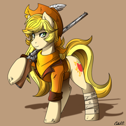 Size: 2400x2400 | Tagged: safe, artist:ciderpunk, derpibooru exclusive, imported from derpibooru, oc, oc only, oc:applesunrise, pony, bandage, clothes, cowboy hat, gun, hat, scarf, shotgun, solo, weapon