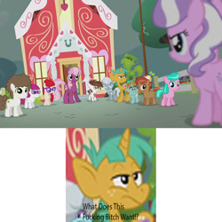 Size: 1000x1000 | Tagged: safe, edit, edited screencap, imported from derpibooru, screencap, aquamarine, button mash, cheerilee, diamond tiara, little red, pipsqueak, silver spoon, snails, snips, super funk, twist, earth pony, pony, crusaders of the lost mark, colt, comic, male, screencap comic, vulgar