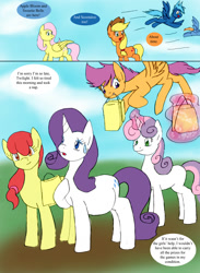 Size: 1000x1368 | Tagged: safe, artist:emilou1985, imported from derpibooru, apple bloom, applejack, fluttershy, scootaloo, sweetie belle, oc, oc:nimbus, oc:skye, comic:signs, alternate universe, bags, cutie mark crusaders, magic, mouth hold, older, pregnant, scootaloo can fly